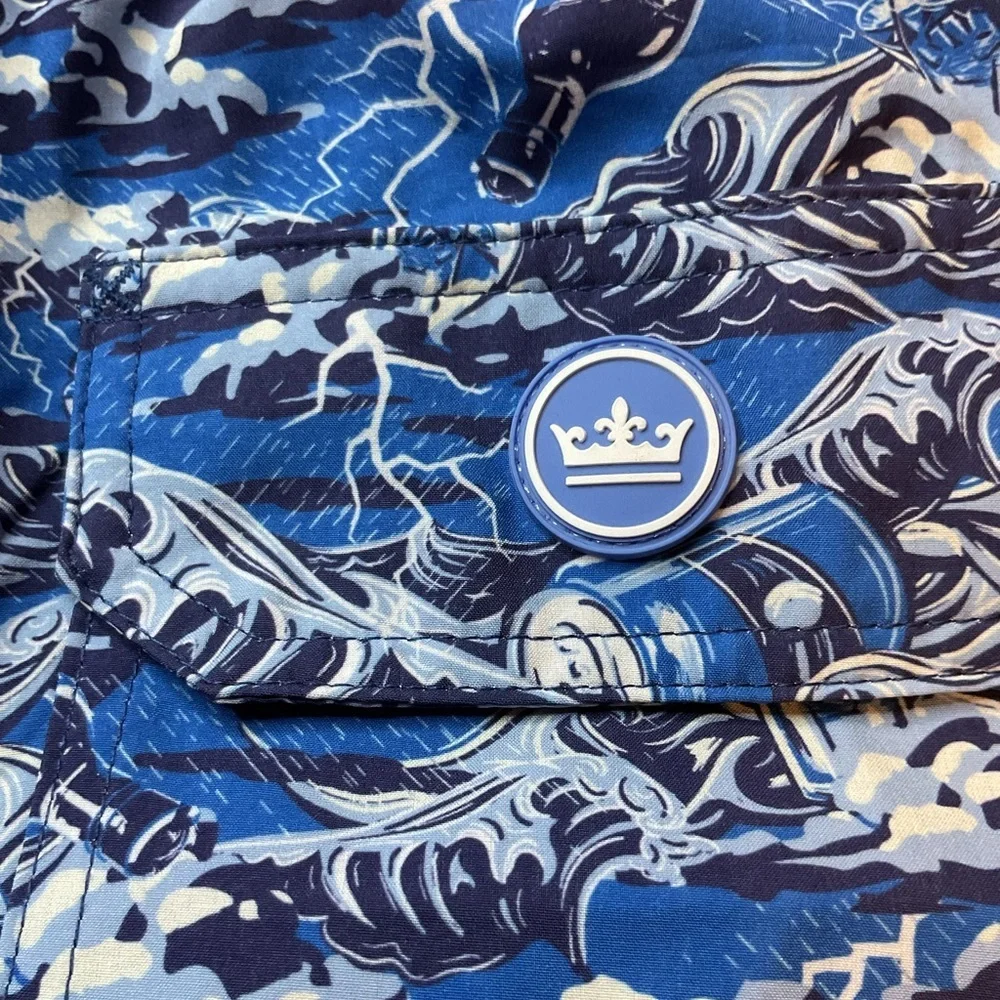 Peter Millar Dark & Stormy Shorts Blue Marlin Print Crown swim trunks